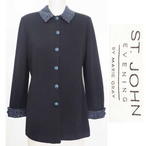 St. John Evening Womens Black Santana Knit Jacket Blue Crystal Rhinestones 12